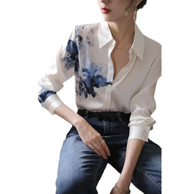 RNSHANGER Autumn Blue Tie-dye Print White Women's Blouse Casual Long Sleeve Lapel Single-breasted Satin Shirt for Ladies