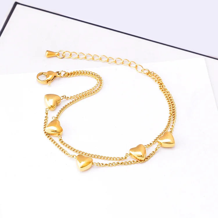 Commuter Jewelry Multi Layered Heart Pendant Bracelet Fashion Waterproof Gold Plated Stainless Steel Charm Bracelet for Women