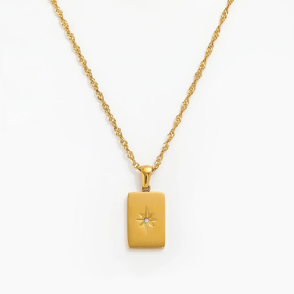 Joolim Jewelry 18K Gold PVD Plated North Star Rectangle Necklace Stainless Steel Necklace Tarnish Free Waterproof Gold Jewelry MegaBDM