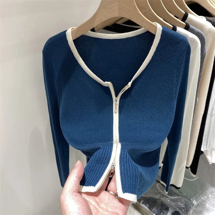 Spring Fall Y2K Zipper Knitted Sweater Women Long Sleeve Elastic Knitted Tops Winter Fashion Basic Sweaters