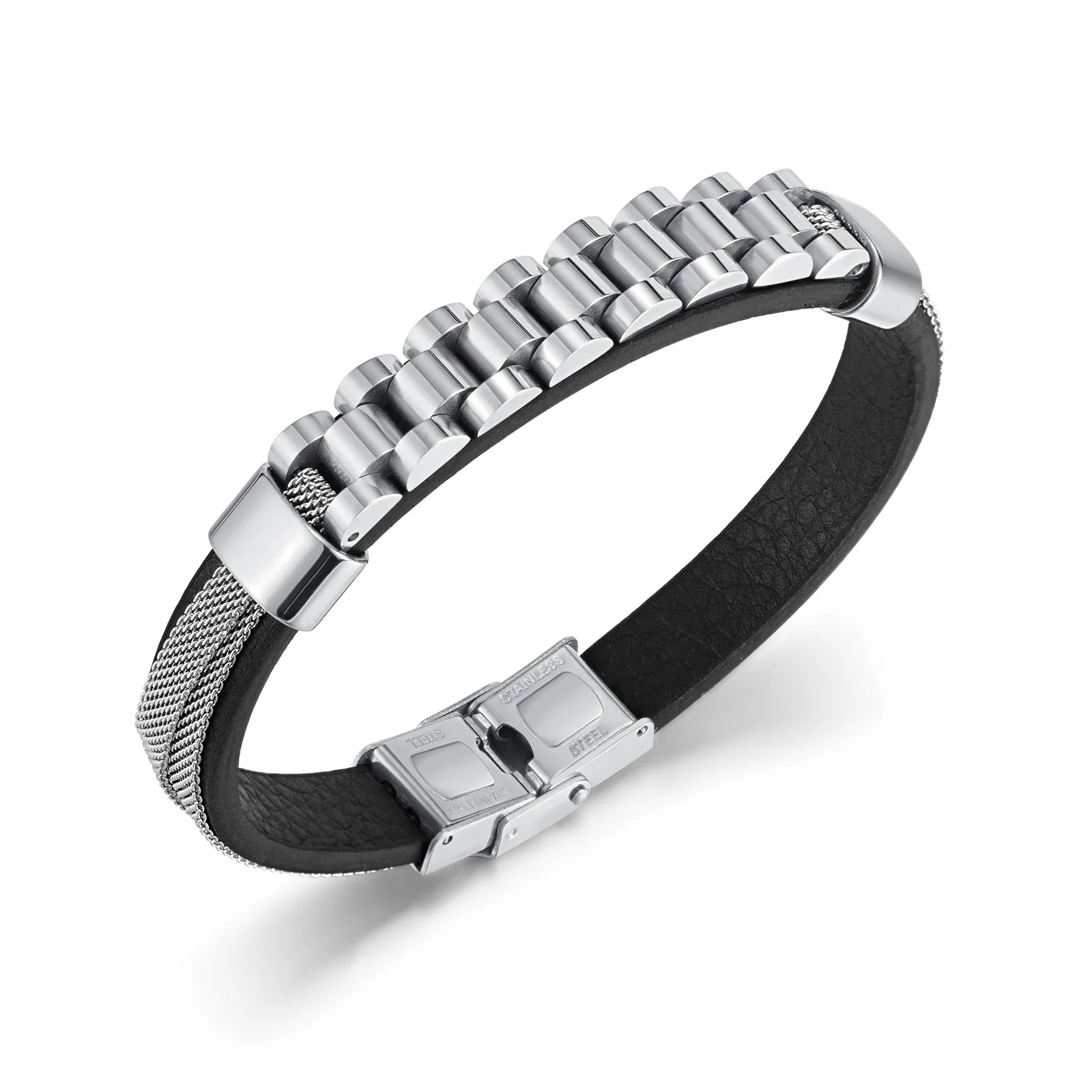 Black Fiber Synthetic Leather Bracelet Bangle Fashion Silver Gold Men's Stainless Steel Bracelet Zircan Hand Jewelry for Men