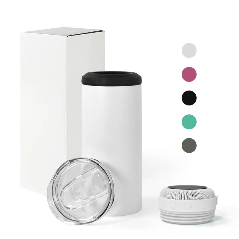 Customized 16oz 4 in 1 Powder Coating Beer Can Cooler Straight Skinny Stainless Steel With Speaker and Lids Wholesale