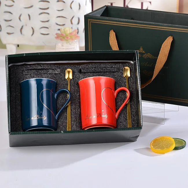 Wholesale Wedding Office Ceramic Box Luxury Set Couple Mug Gift Red Cheap Ceramic Couple Coffee Mug Set with Lid