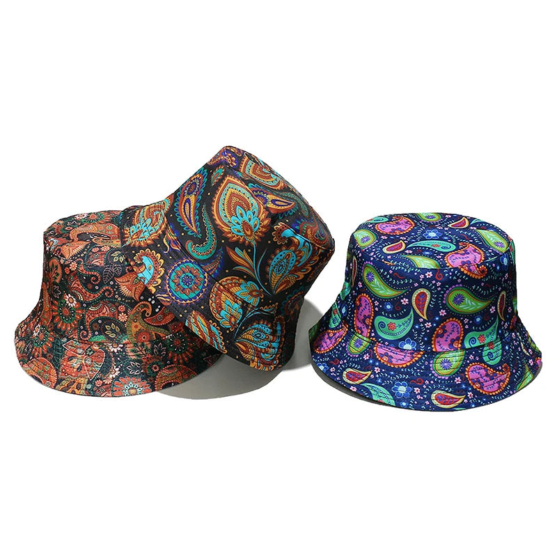 Landfond New Arrival Summer Retro Fashion Reversible Bucket Hat Digital Printing Sunscreen Bucket Hat