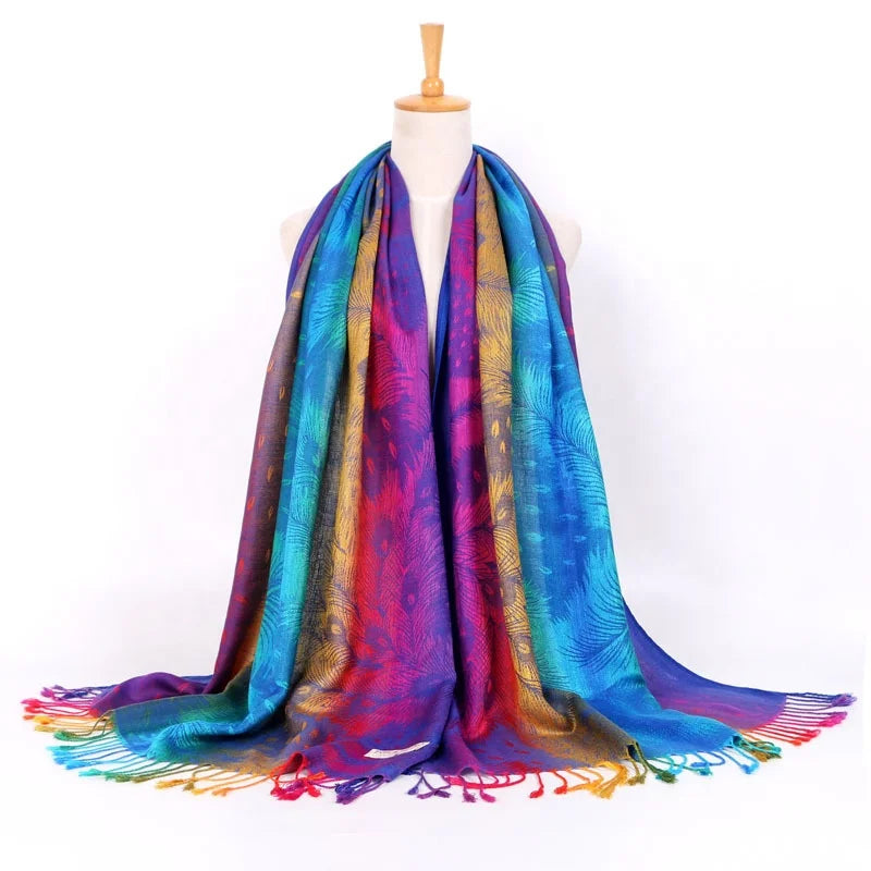 JiYun Ethnic Style Women's Retro Jacquard Scarf Long Viscose Shawl Floral Animal Print Feather Detail Autumn Tourism Keep Warm