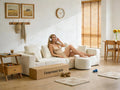 Cream White Fluffy Fabric Compressed Sofa Vacuum Sealed Modular Round Ottoman Cloud-like Cushions Leisure Small Space Couch