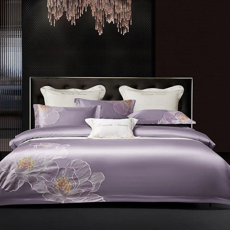 Wholesale Embroidery Duvet Cover king Size Comforter Set Luxury Pillowcase Egyptian Cotton Purple Bed Sheet Bedding Set