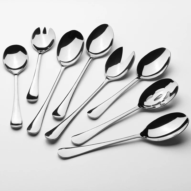 Hot Sale 18/8 Stainless Steel Silver Buffet Serving Restaurants Utensils Large Serving Spoon Forks Slotted Soup Ladle for Party