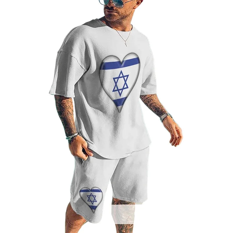 Fitspi Summer Israel Flag 3d Print Men's Round Neck T-shirt Sets Casual Tshirt Shorts Two Piece Set Oversized Tracksuit
