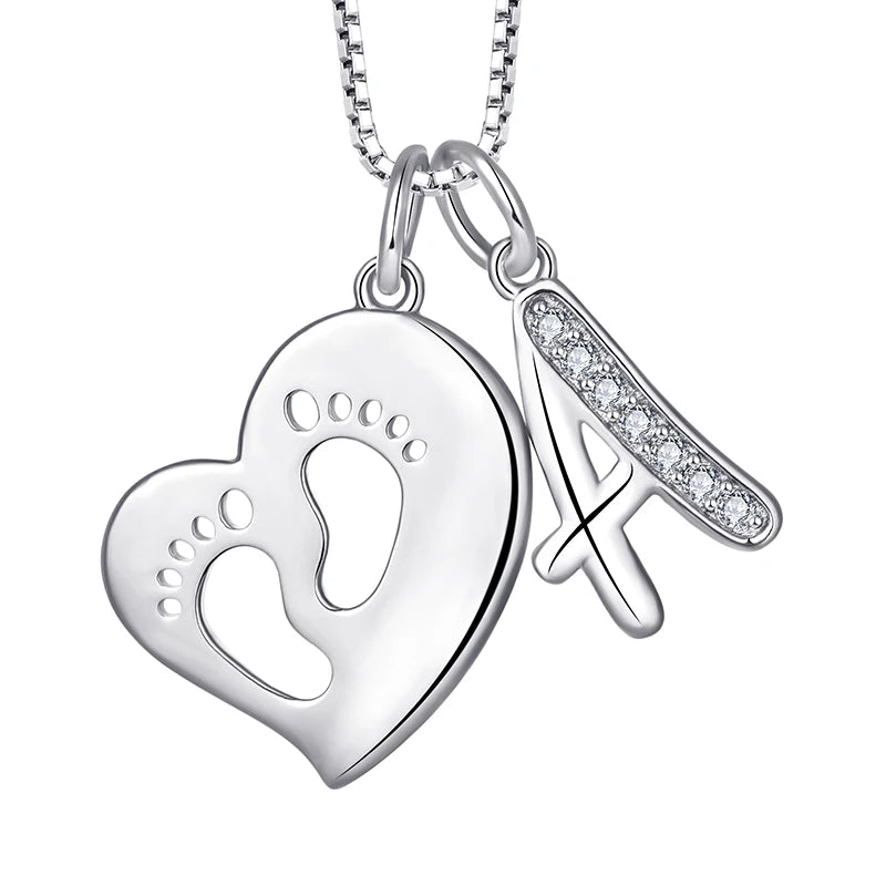 925 Sterling Silver Women Custom Letter Heart Baby Footprints Mothers Day Gift Pendant Necklace