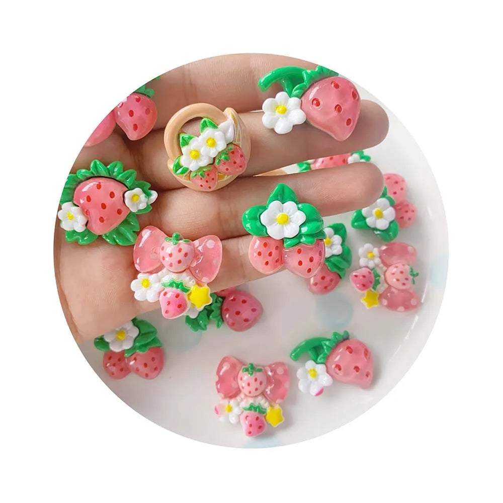 Cute Mini Camellia Flower Strawberry Resin Series 100pcs Flat Back Beads Scrapbooking DIY Jewelry Craft Decoration Accessories