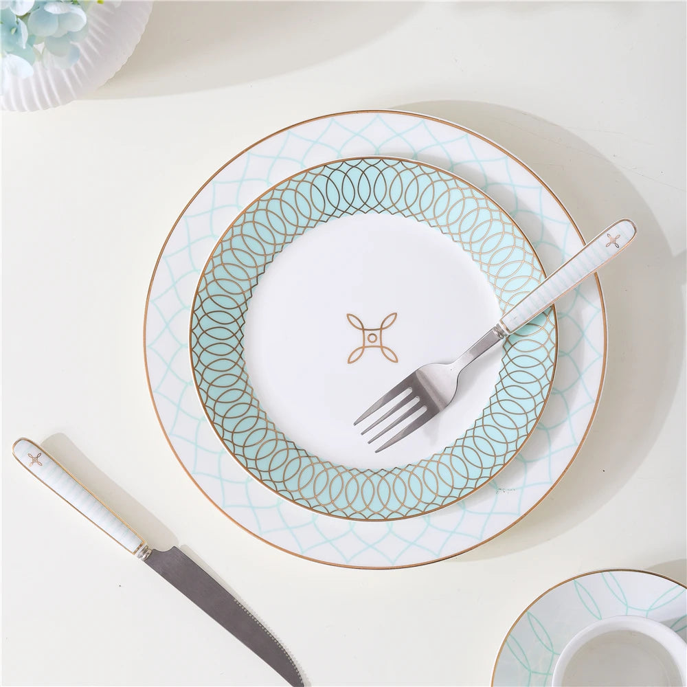European Style Eco-Friendly Food Contact Safe Bone China Ceramic Dinner Plate Set for Restaurant Home Wedding Camping Use