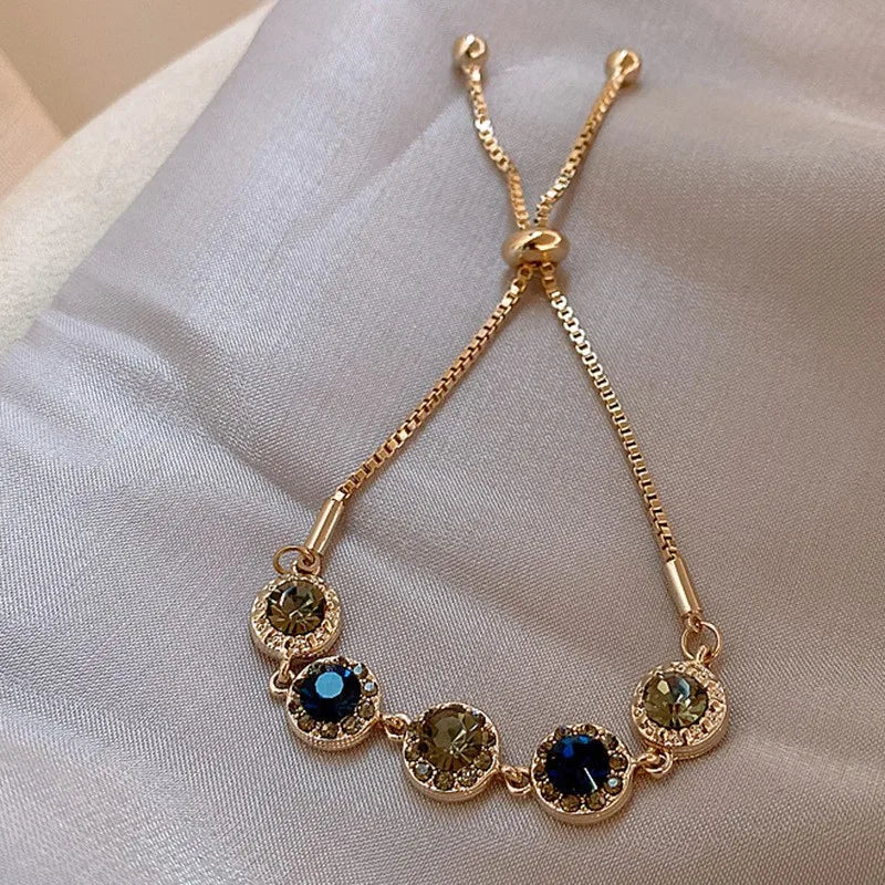 Korean Style Glittering Luxury Diamond Crystal Charm Bracelet Gold Plated Chain Vintage Round Adjustable Gemstone Bracelet Women
