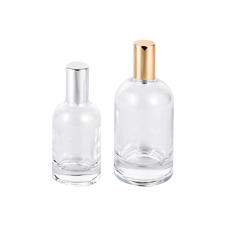 Custom Logo Low MOQ Cosmetic Refillable Boston Round 30ml 50ml Fine Mist Spray Glass Perfume Bottle with Silver Golden Caps MegaBDM