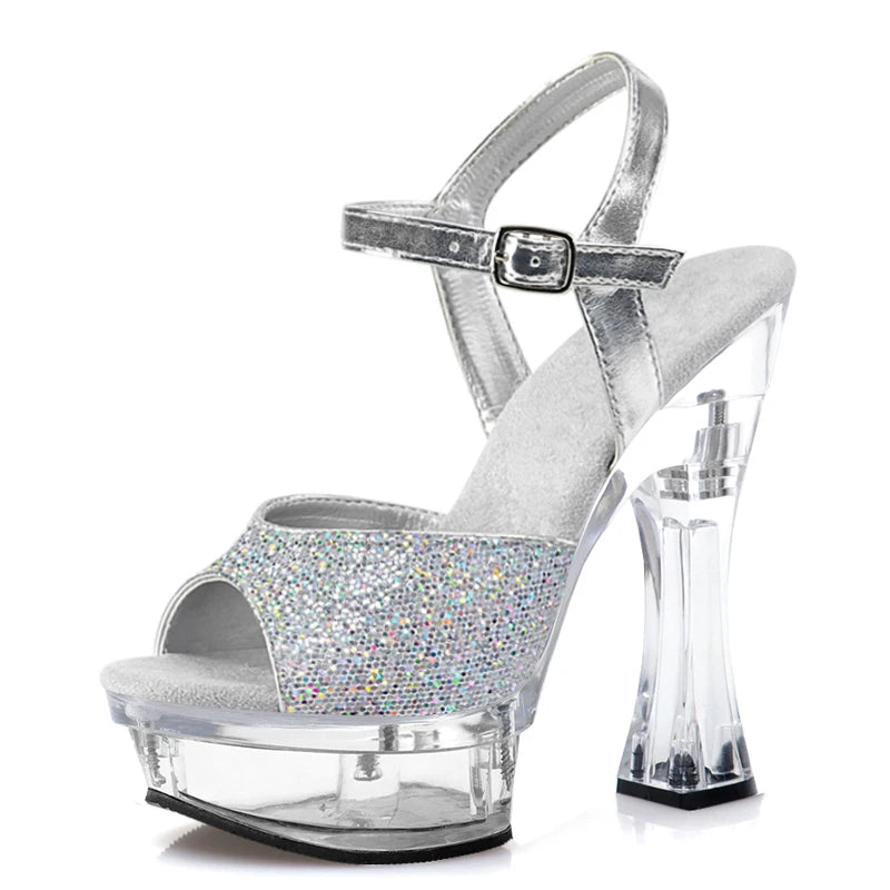14cm thick heel silver Sequin queen banquet party elegant high heels Club platform leaky toe sandals