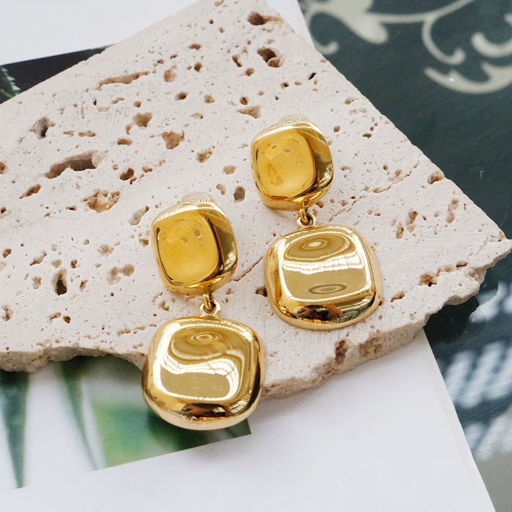 Double Square Pendent Hanging Hoop Earrings Stainless Steel 18K Gold Plated Party Gift Simple Jewelry Stud Earrings for Women
