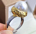 R988 11-12mm Natural Freshwater Pearl Ring Accessory 925 Sterling Silver Adjustable Size Engagement Jewelry Ring for Women