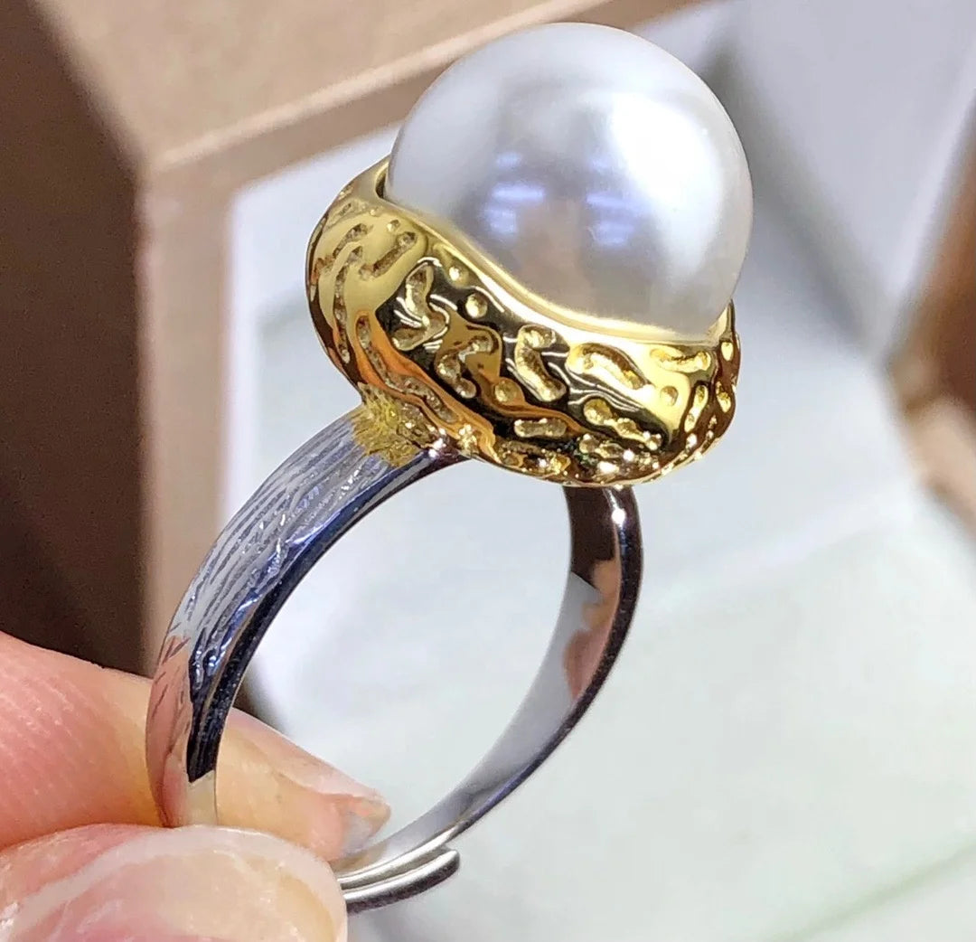 R988 11-12mm Natural Freshwater Pearl Ring Accessory 925 Sterling Silver Adjustable Size Engagement Jewelry Ring for Women