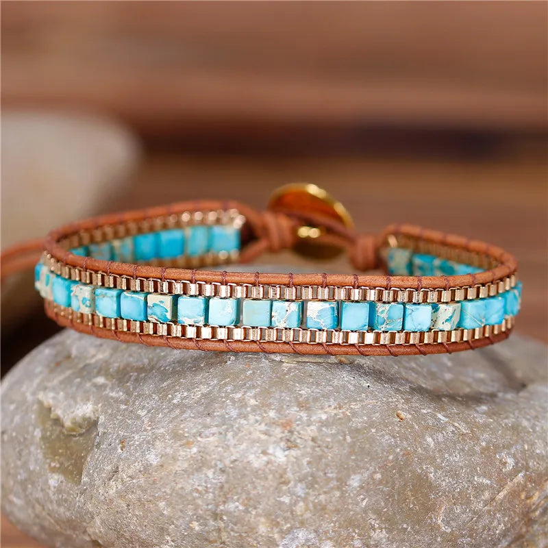 YueTong Natural Stone Leather Wrap Bracelet Square Bead Jasper Chain Cuff Bracelet Bohemian Bangle Jewelry Wholesale