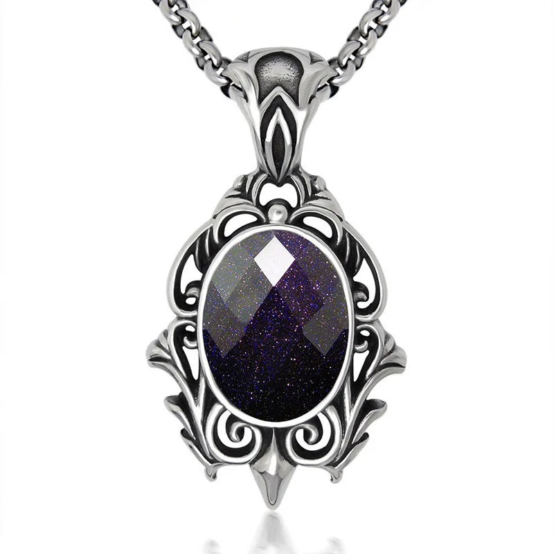 Fashion Titanium Steel Blue Slate Natural Stone Fine Necklace Pendant for Men Jewelry