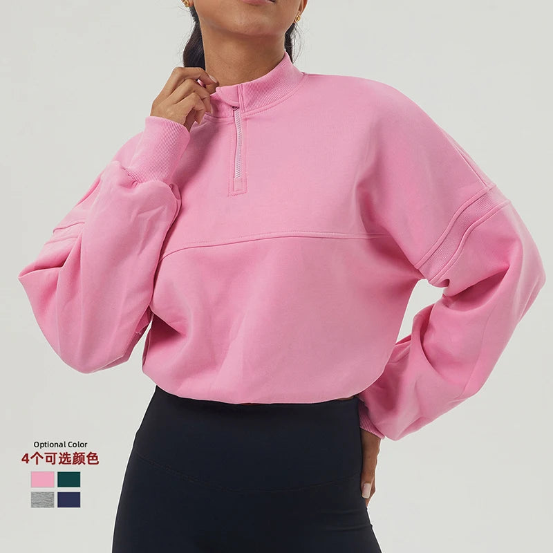 Women's Lightweight Cropped Fitness Sweatshirt Half Zipper Long Sleeved Jacket with Drawstring Solid Pattern Breathable 1 Piece