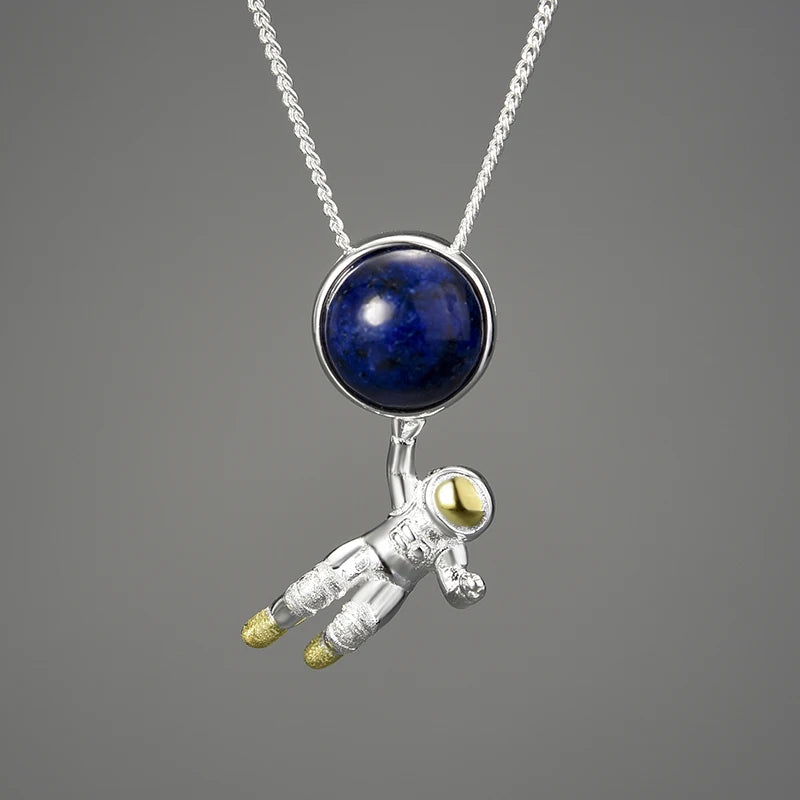 Wholesale Price Pure S925 Sterling Silver Natural Gemstone Lapis Space Odyssey Pendants Charm Chain Necklace Women Fine Jewelry