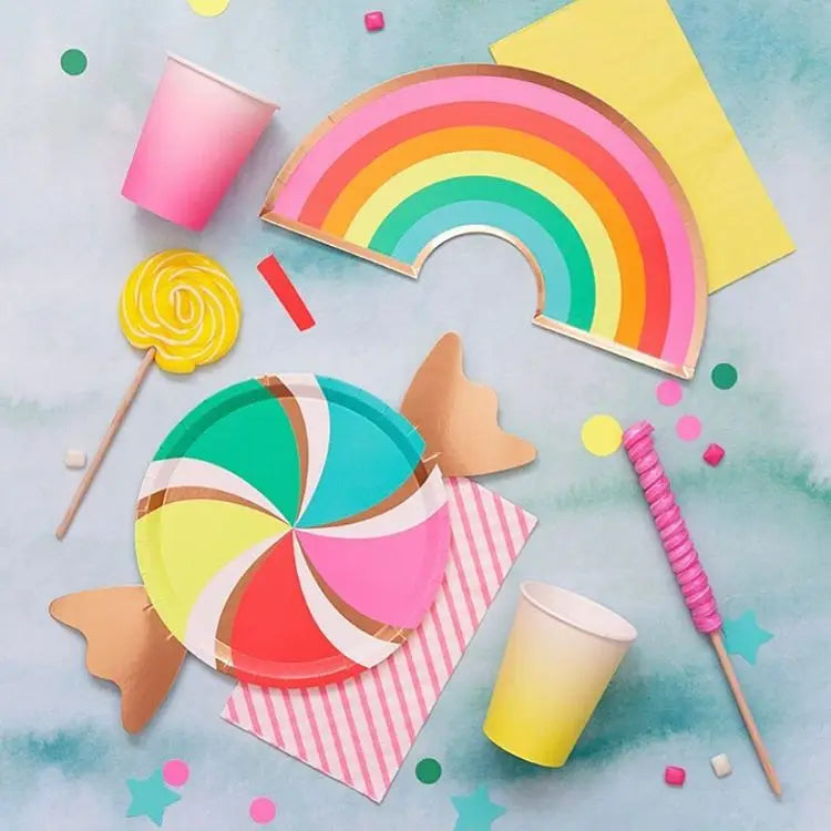 FAMA Birthday Tableware Cake Plate Round Tableware Rainbow Color Biodegradable Paper Plates 9 Inch Disposable