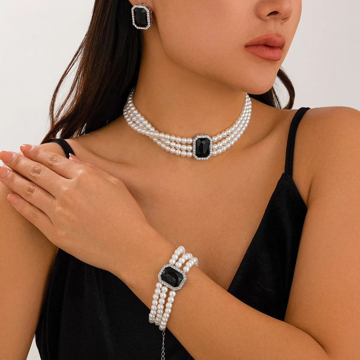 Luxury Imitated Pearls Beads Chain with Big Crystal Necklace/Bracelet/Earrings Set for Women Trendy Elegant Ladies Jewelry Sets