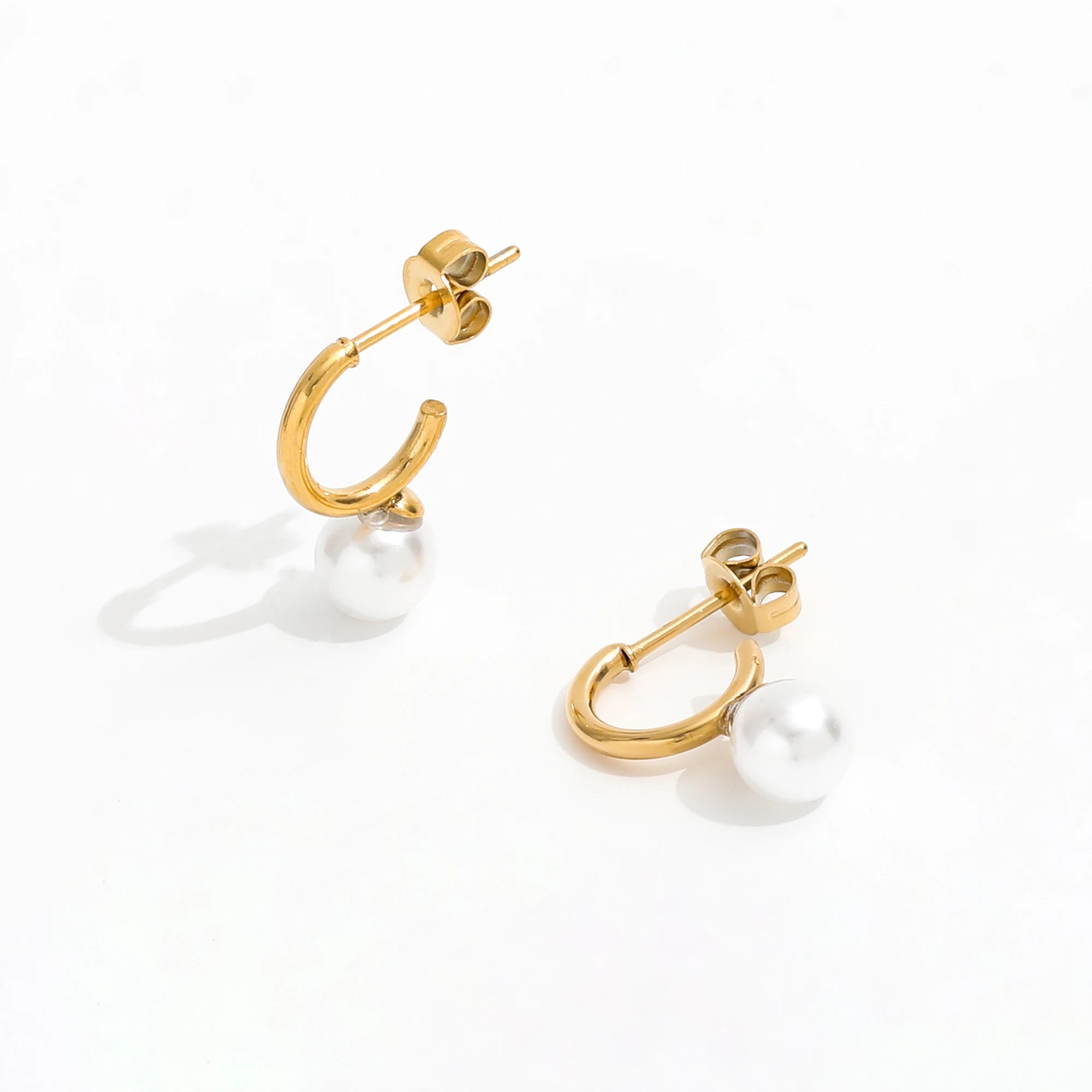 Joolim High End 18K Gold Plated Imitation Pearl Mini C Hoop Earrings Stainless Steel Jewelry for Women Wholesale