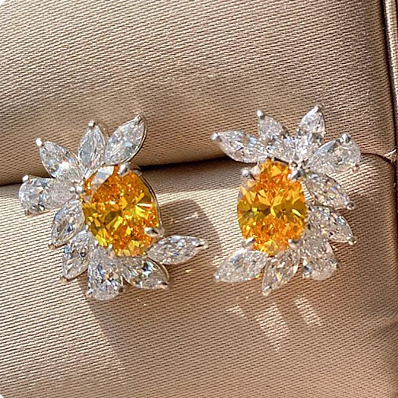 CAOSHI Fine Jewelry Bridal Wedding White Yellow CZ Crystal Earring Silver Plated Designer Flower Stud Earrings Women