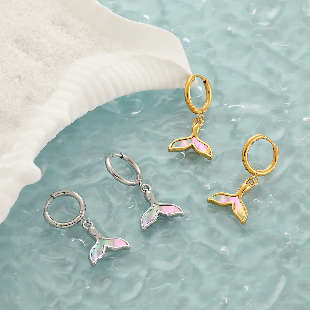 Wholesale Fashion Stainless Steel Mermaid Tail Shell Earrings Waterproof 18k Gold Plated Ocean Series Summer Jewelry Accessories