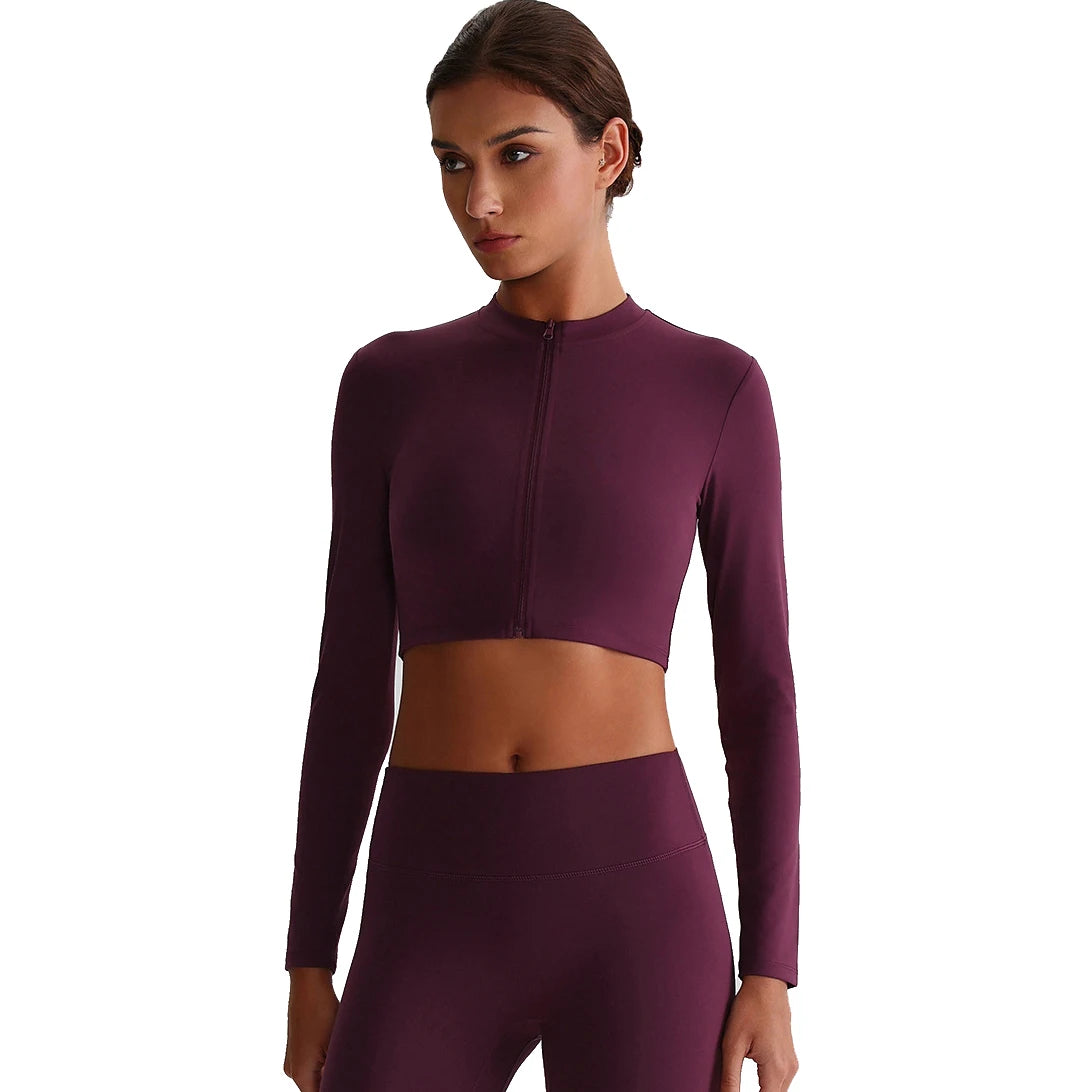 Women's Long Sleeve Soft Lightweight Quick Dry Crop Fitness Top with Front Zipper Active Wear