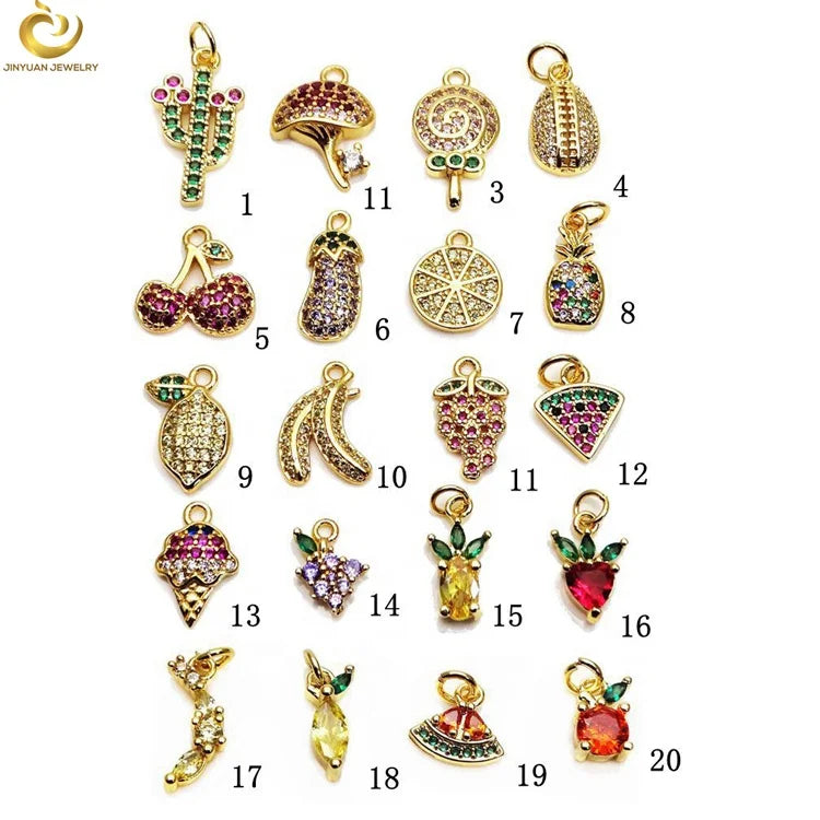 Brass 18K Gold Plated CZ Micro Pave Dainty Fruit Cherry Lemon Charm for Jewelry Making