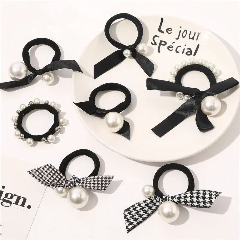 Popular Girls Pearls Elastic Hair Band Fashion Hair Tie with Bow Wholesale