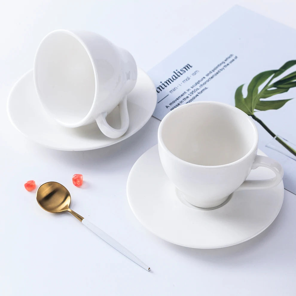 Hotel Restaurant Cafe Custom Modern Elegant White Ceramic Coffee Cup Set Microwave Safe Wedding Occasion