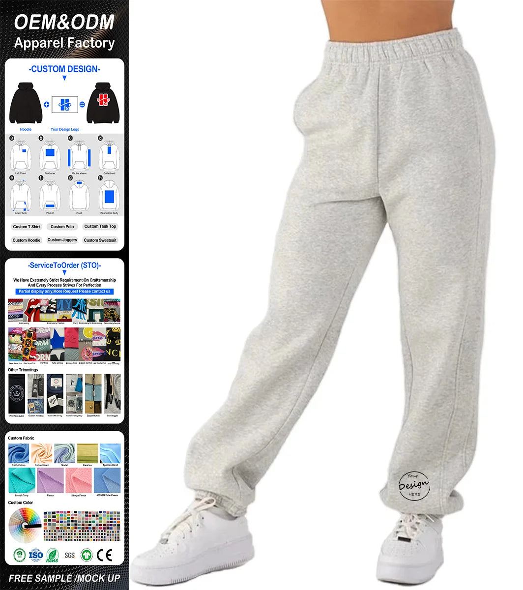 Custom Solid Color Cotton Fleece Women's Joggers High Waist No Drawstring Pants Custom Embroidery Logo Jogger Pants for Women