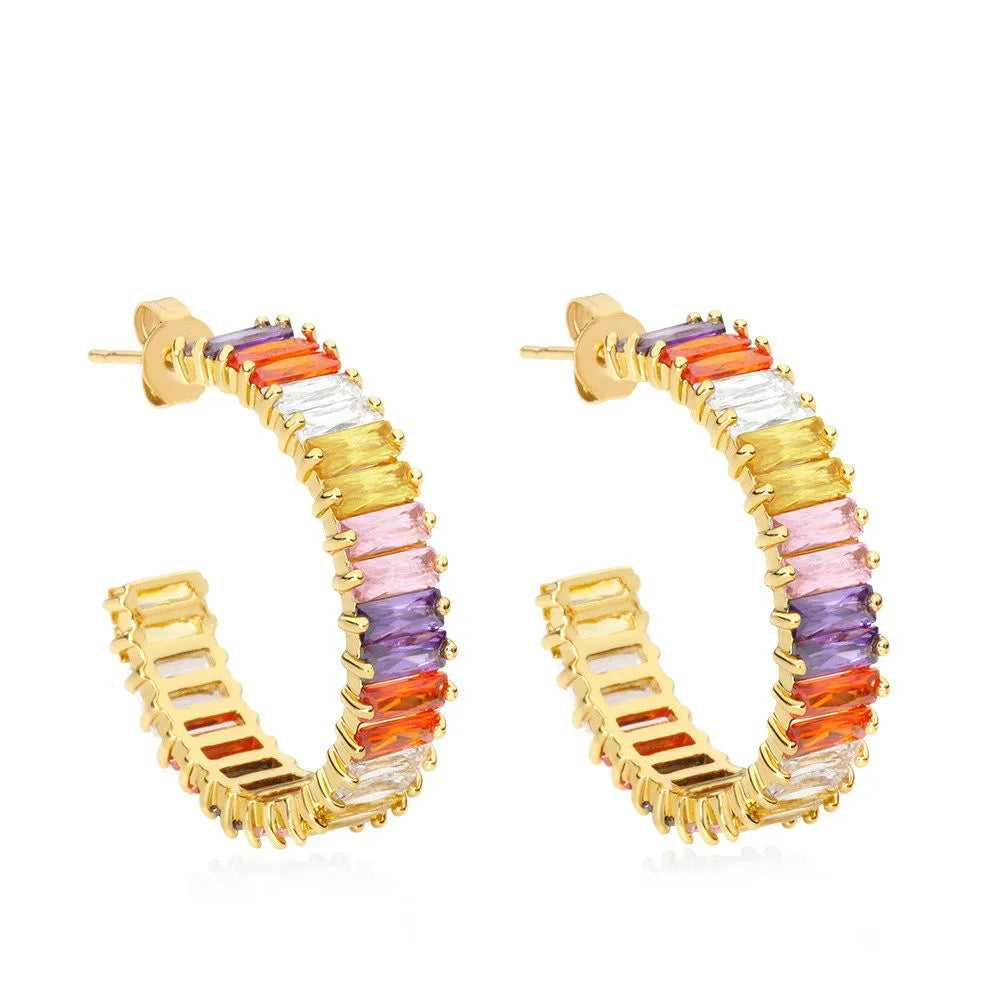 Gold Color Crystal Hoop Earrings for Women Trendy round Diamond Embellished Brass Pendientes Fashion Jewelry