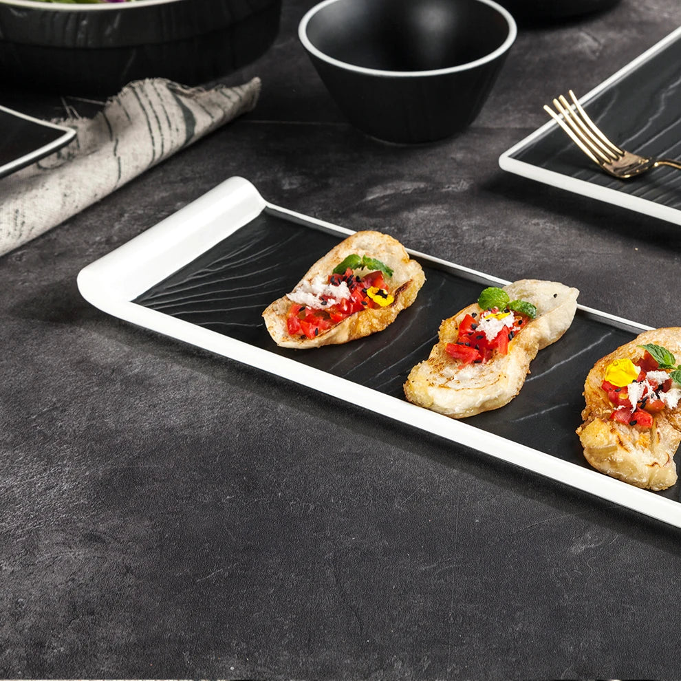 Shengjing Sushi Dessert Rectangle White Rim Black Ceramic Dinnerware in Matte for Restaurant