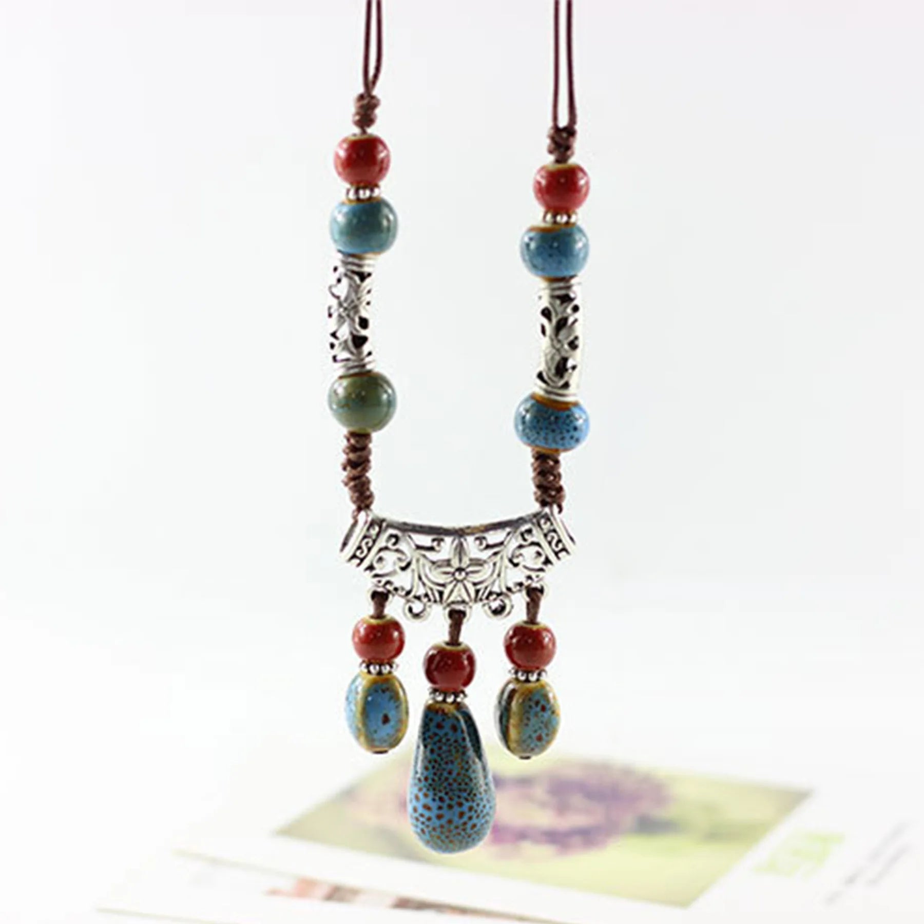 Vintage Ethnic Style Long Ceramic Necklace Minimalist Pendant Clothes Versatile Decorative Women's Jumper Chain