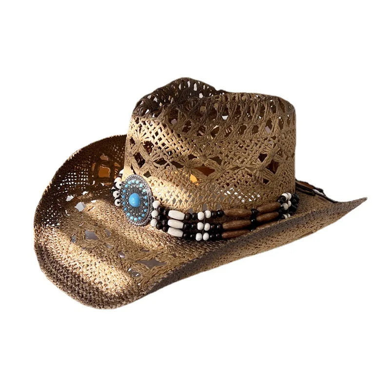 100% Raffia Weaving Embroidery Durable Wide Curling Brim Western Cowboy Hat for Unisex Casual Outdoor Travel Sun Protection