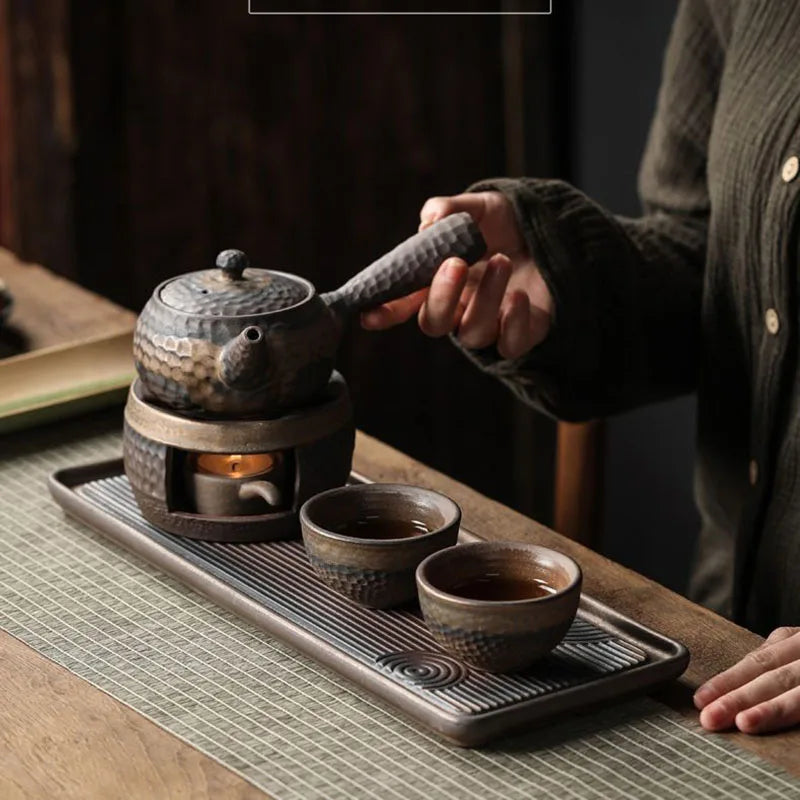 Hot Sale Japanese style Retro Simple Kung Fu Tea Cup And Saucer Set Stoneware Teapot Stove Heating Ceramic Tea Set With Stand MegaBDM