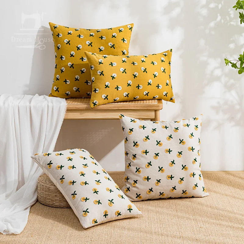 Floral Embroidery Cotton Throw Pillow Cover Small Flower Pattern Decorative Cushion Case Soft Accent Pillow Covers/