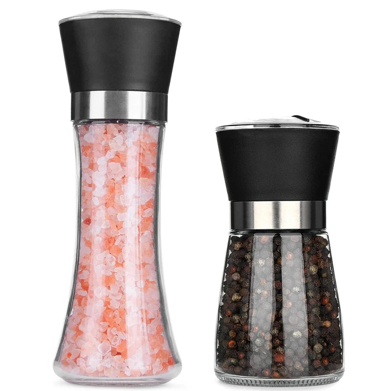 Wholesale Himalayan Salt Seasoning Bottle Jar Manual Mills Glass Spice Shakers and Black Pepper Grinder Set