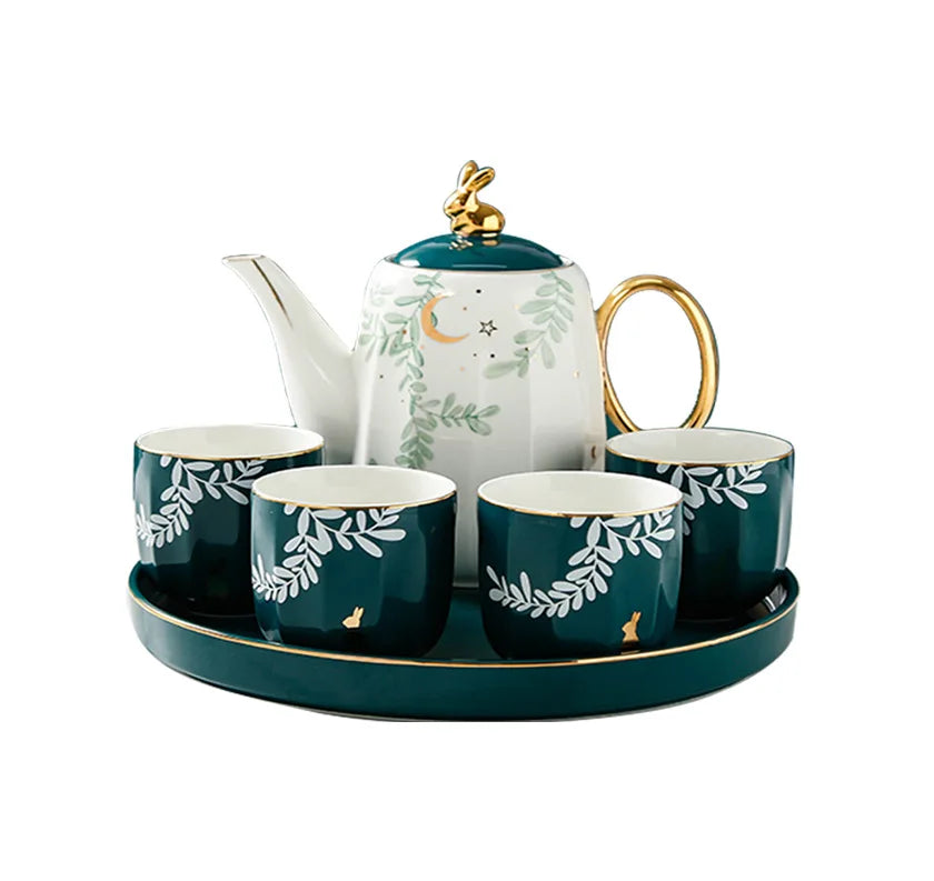 Rural Rustic Style Green Leaf Moon Ceramic 4 Cups 1 Kettle Tea Cup Set
