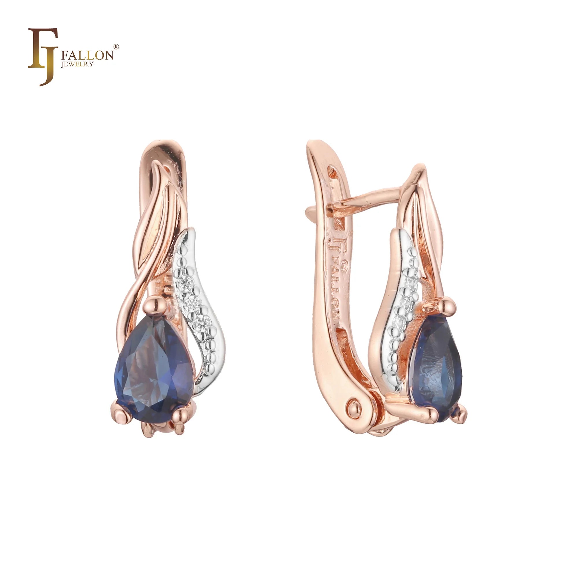 FJ Fallon Fashion Jewelry Leaves Solitaire Deep Blue CZ Clip-On Earrings Plated in Rose Gold Two Tone Brass Based
