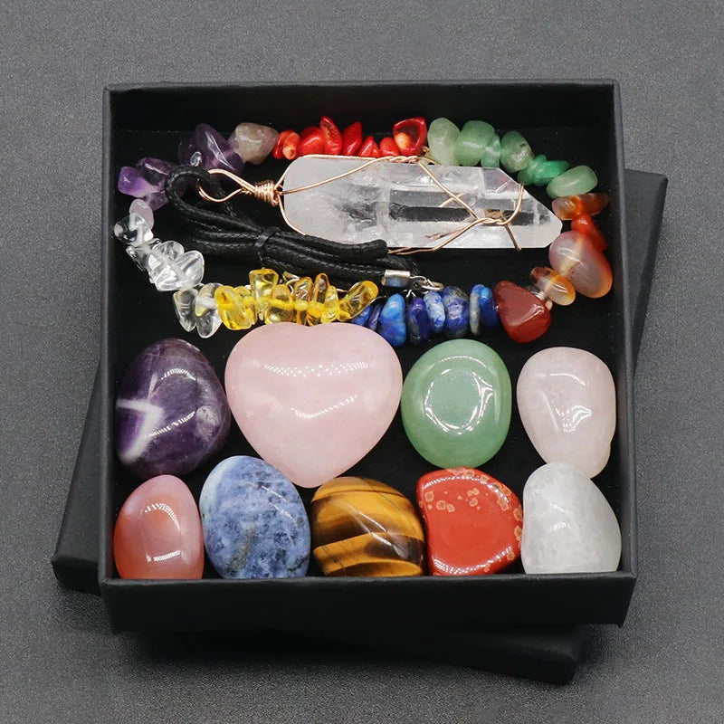 11pcs Polished Healing Crystal Set Includes 9pcs Tumbled Stones 1pcs Clear Quartz Pendant Necklace 1pcs Chakra Chip Bracelet