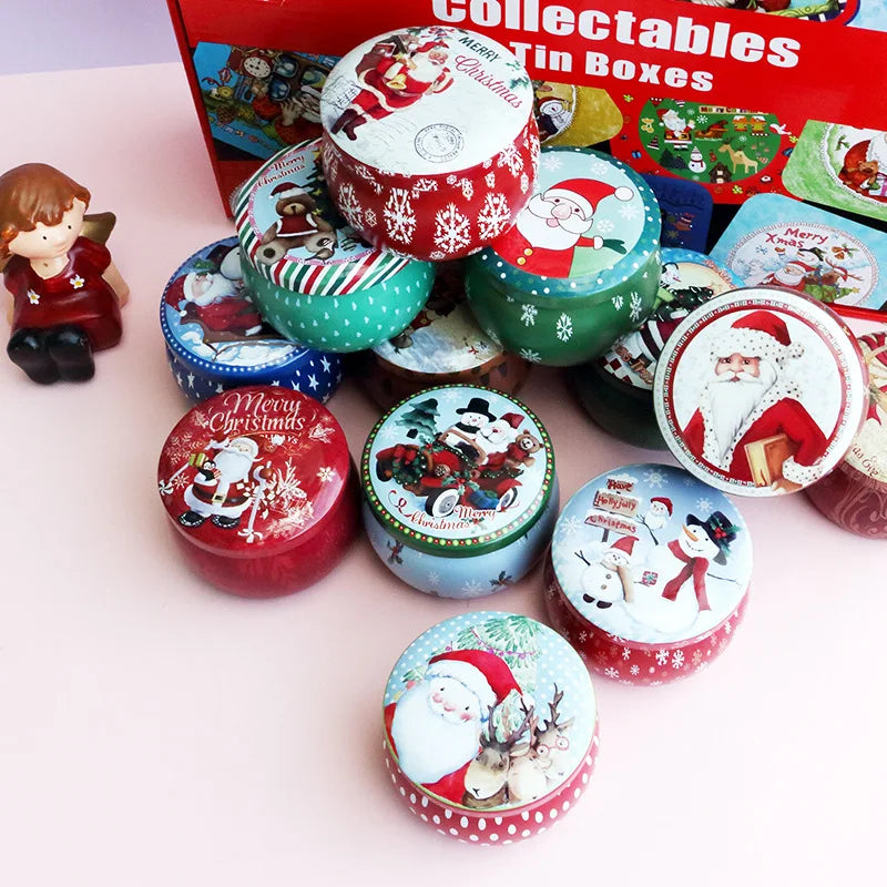 Christmas Round Metal Tea Candy Container Tin Can Gift Box Tinplate Jar Scented Candle Jar