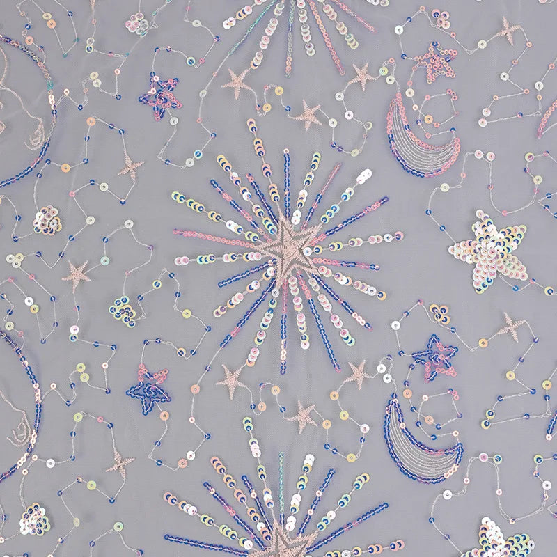 Star Moon Sequin Embroidered Mesh Fabric Glitter Tulle Lace for Evening Dress and Party Decoration