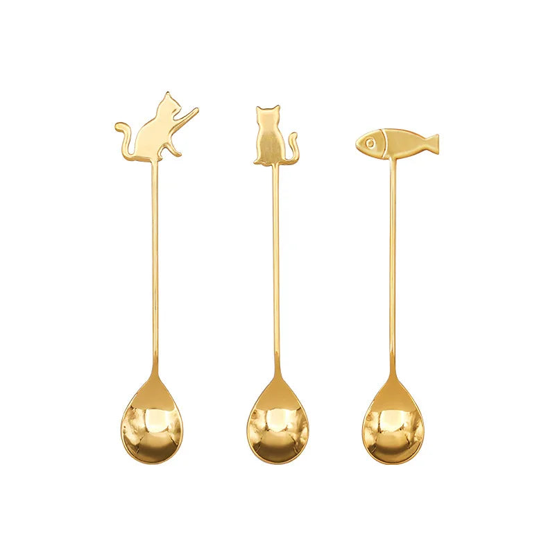 Cartoon 304 Stainless Steel Cat Fish Spoon Tableware Set Gold Coffee Stirring Ice Spoon Dessert Cake Cutlery Set