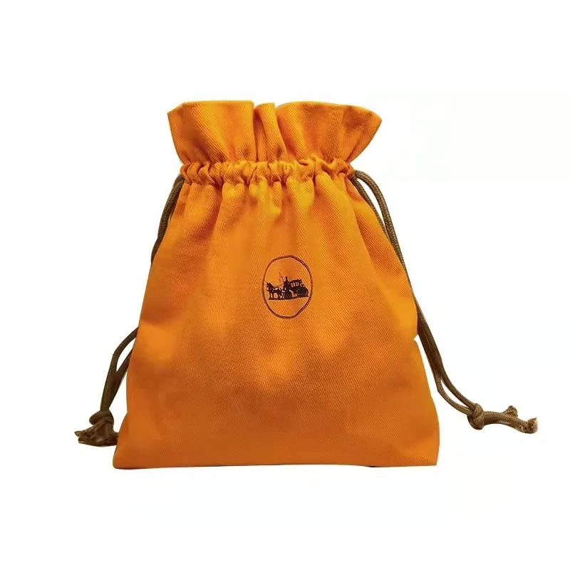 Customized Logo Luxury Cosmetics Canvas Cotton Double String Handbag Orange Dust Drawstring Bag Recyclable Eye Cream Lipstick